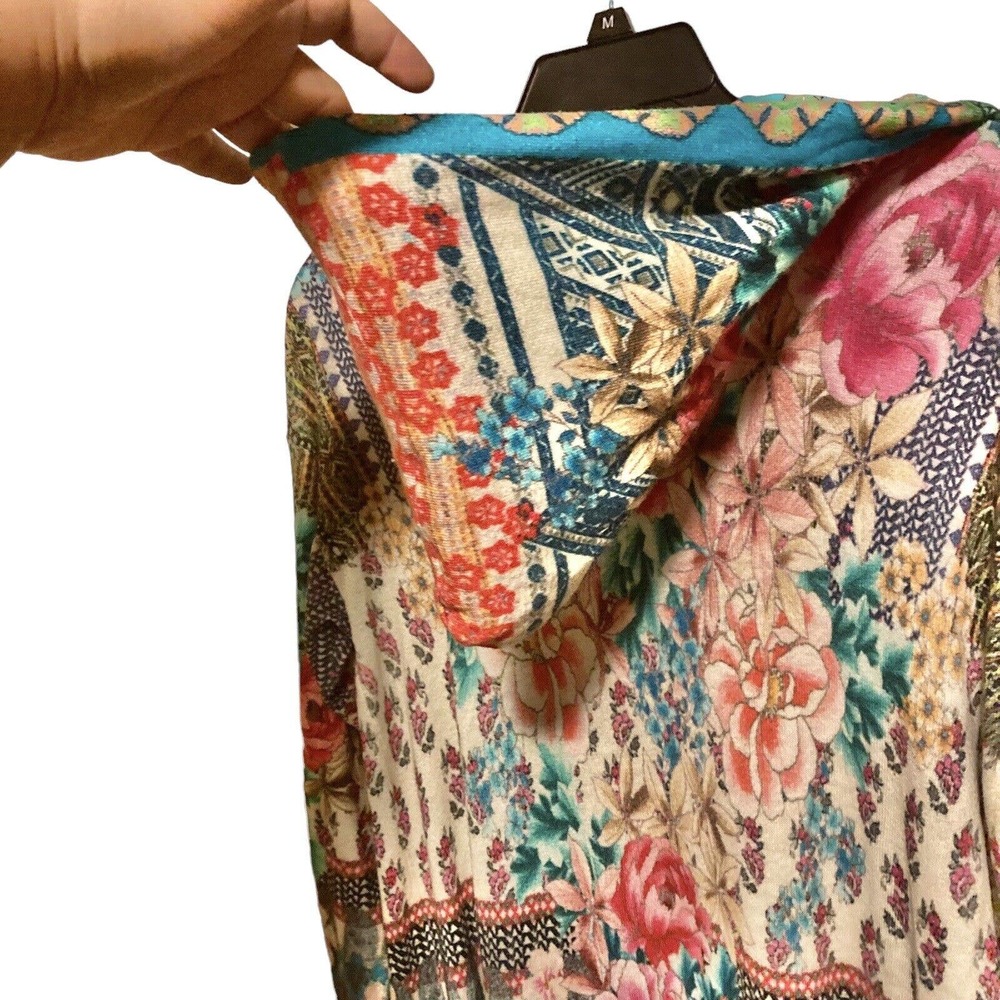 Johnny Was Multicolor Floral Patchwork Hooded Cardigan - Turquoise, Pink, Yellow - Picture 7 of 14
